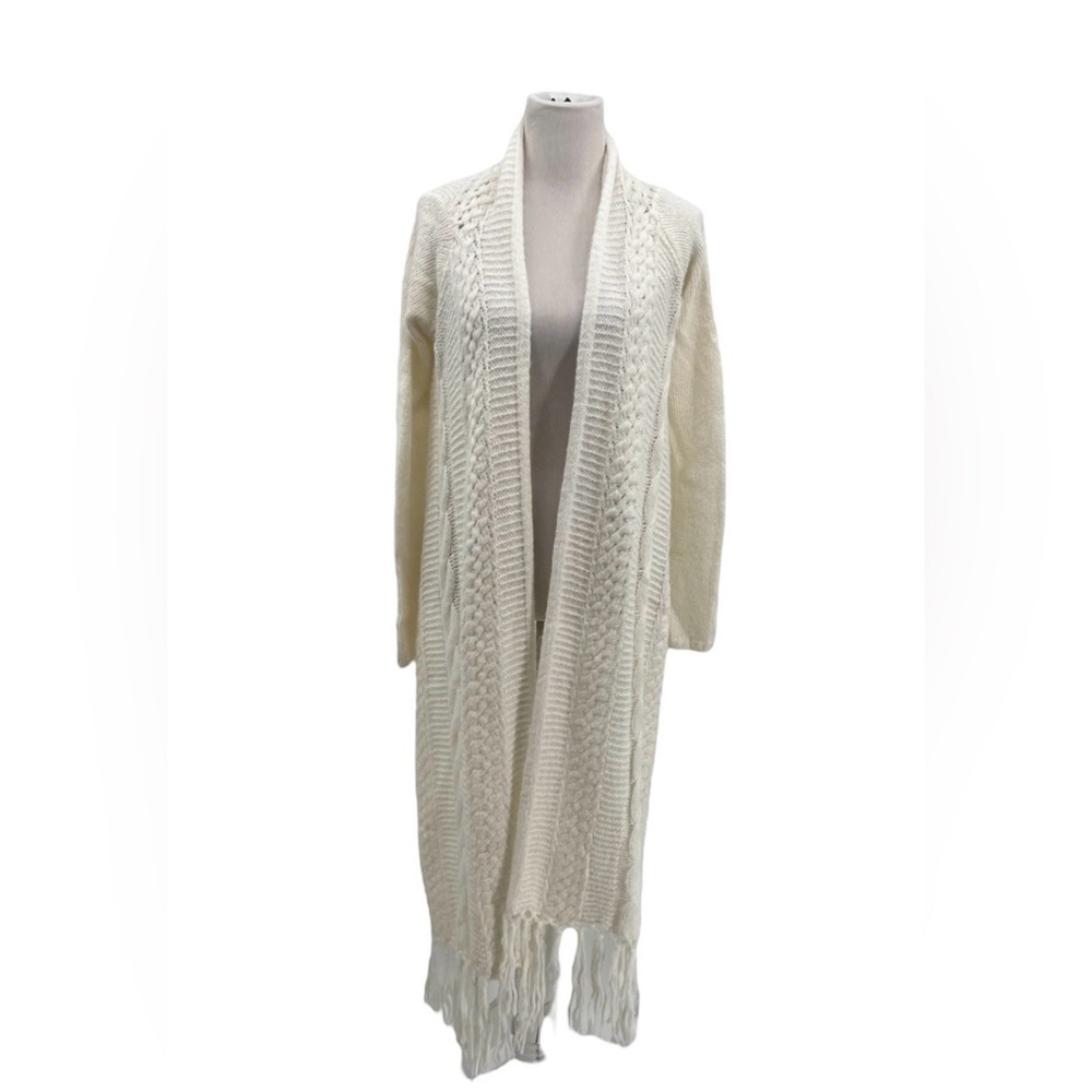 BCBGMaxazria Ivory Cable Knit Long Fringe Versatile Shrug Sweater Scarf M/L